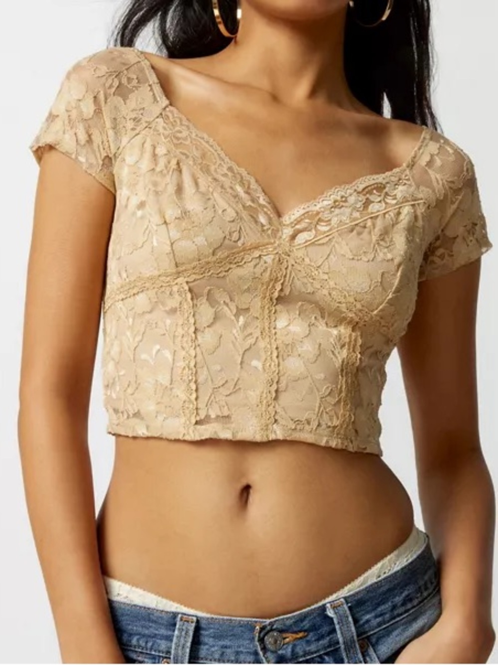 Urban Renewal Urban Outfitters Gold Lace Crop Top V-Neck Short Sleeve Size M Y2K